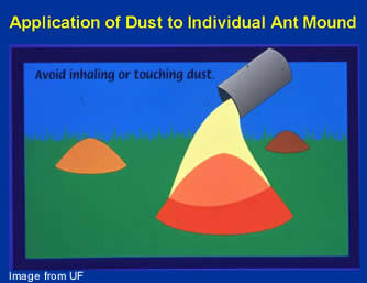 Application of chemical dust on ant mound illustration
